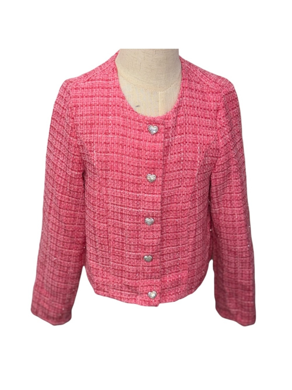 Rachel Zoe Girls Size 7 Pink Tweed Jacket Rhinestone Heart Buttons - Picture 3 of 6